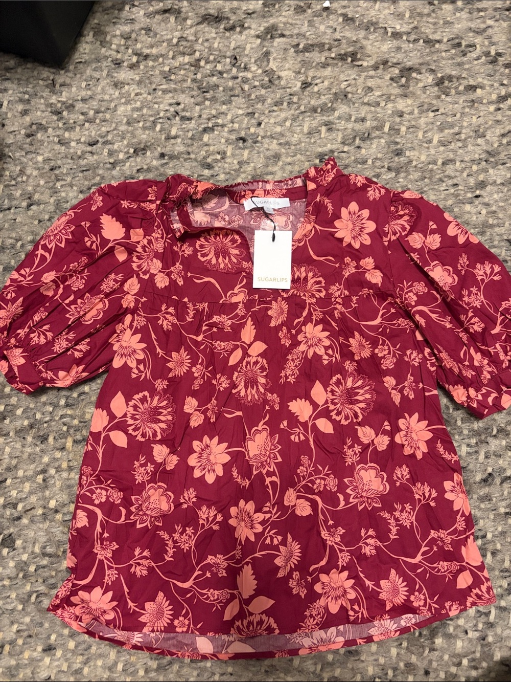 Sugarlips Burgundy Floral Puff-Sleeve Blouse